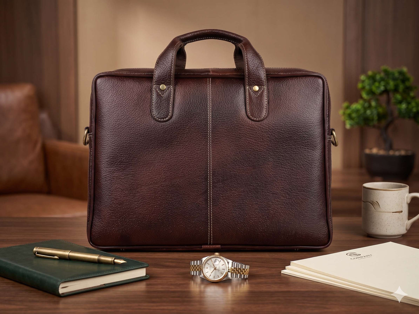 Solvicraft 14-Inch Genuine Leather Laptop Bag – Premium Full-Grain Brown Office Briefcase & Messenger Bag for Men and Women