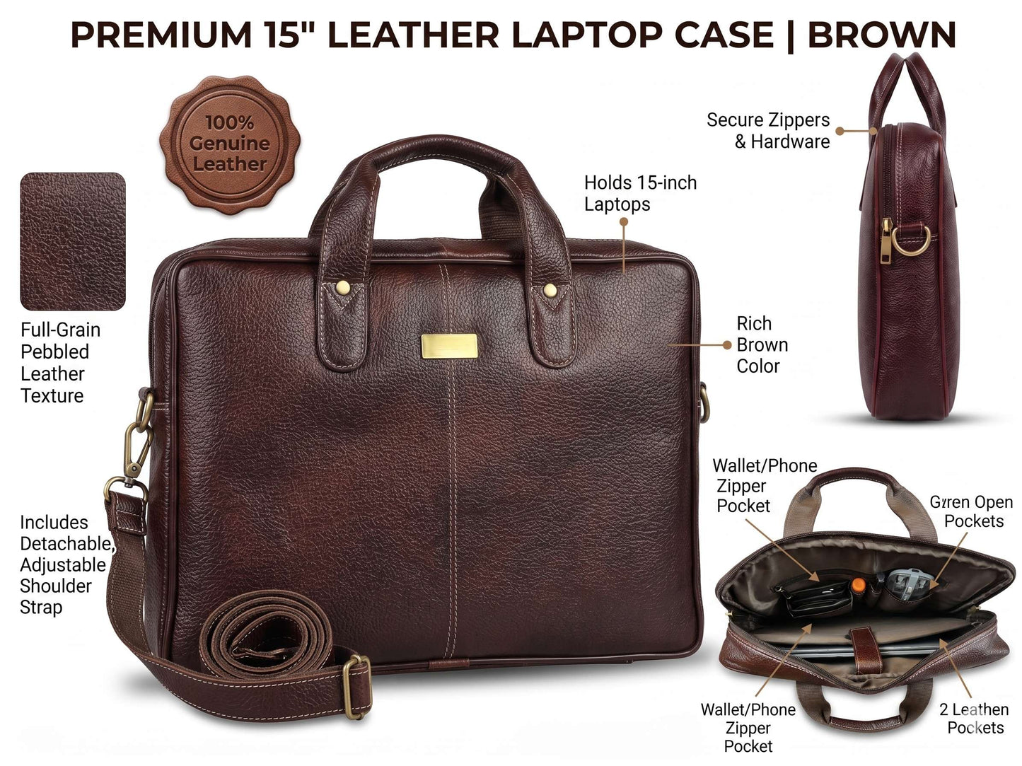 Solvicraft 14-Inch Genuine Leather Laptop Bag – Premium Full-Grain Brown Office Briefcase & Messenger Bag for Men and Women